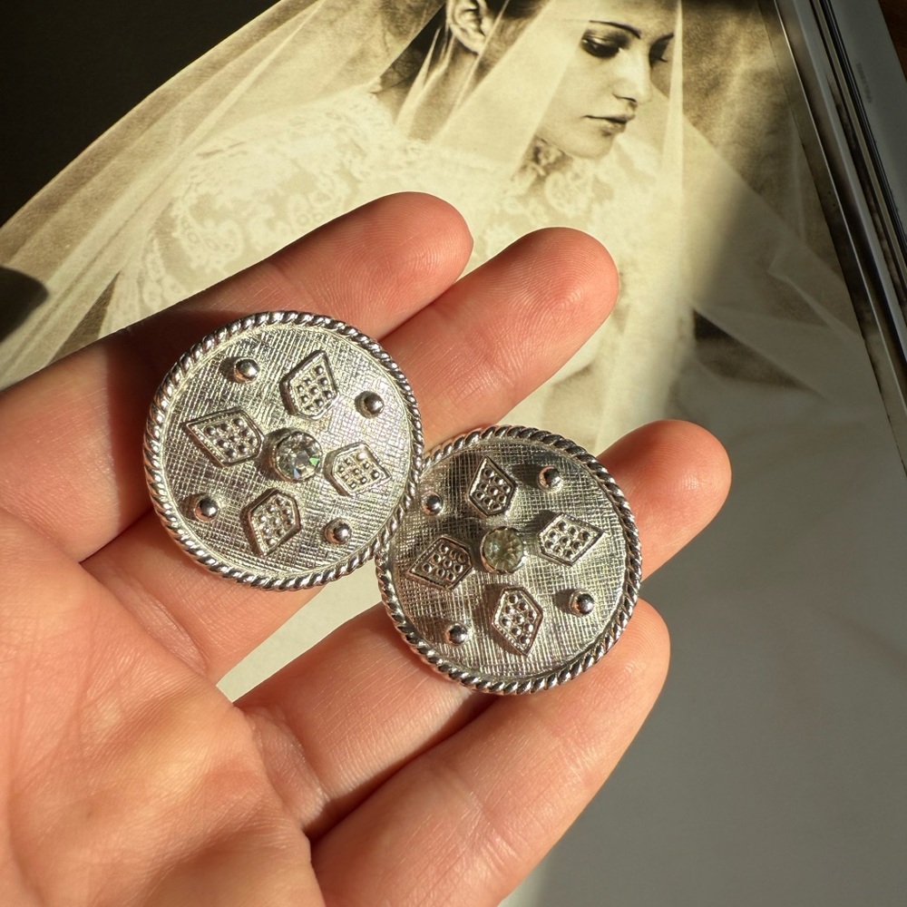 Vintage Castlecliff Silver-Tone Shield Earrings Regal Mid-Century Statement